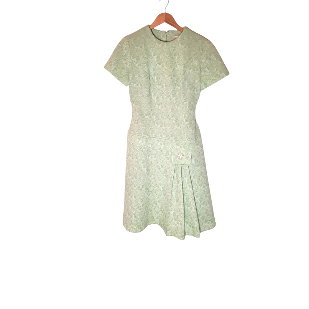Mossy Mod Light Green Brocade Short-Sleeve Mini Dress with Pleats & Pocket